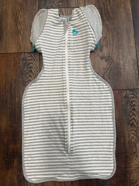 Grey Striped Baby Swaddle Sleep Sack with Teal Heart Accent